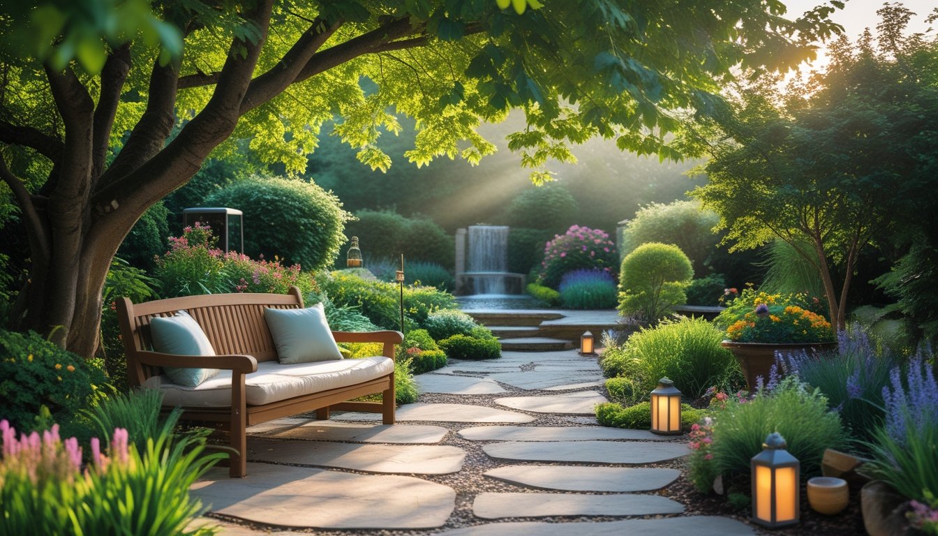 A peaceful garden with a wooden bench, flowering plants, stone pathways, and a small water feature under soft sunlight.