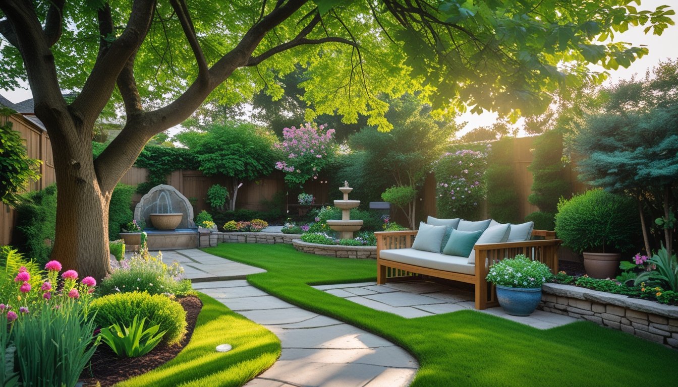 A peaceful garden with green grass, colourful flowers, a wooden bench under a tree, stone pathways, and a small water fountain.