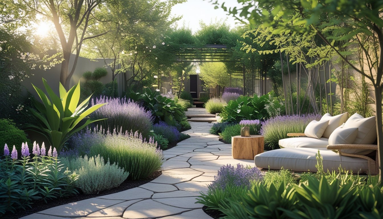 A peaceful garden with scented plants, a stone pathway, and comfortable seating surrounded by greenery.