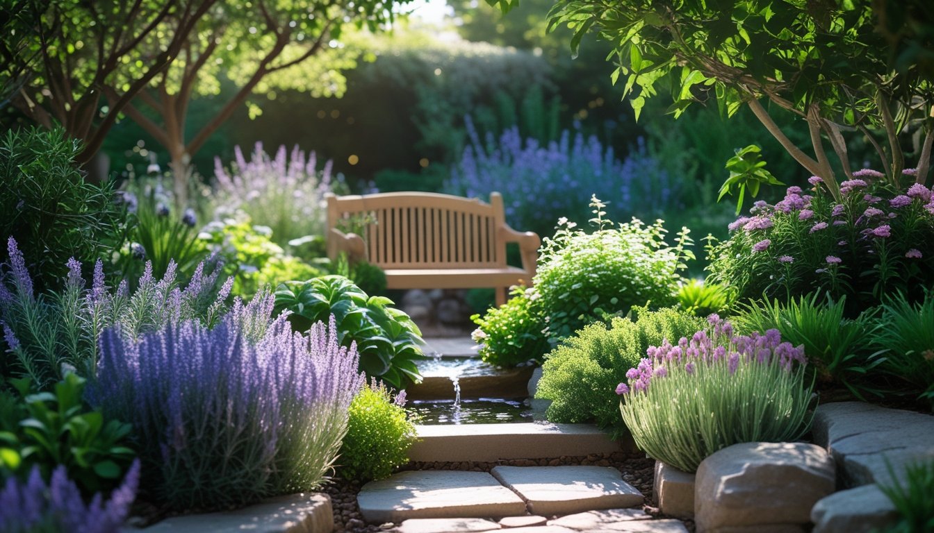 A peaceful garden with lavender, jasmine, and rosemary plants surrounding a wooden bench beside a stone path and a small water feature.