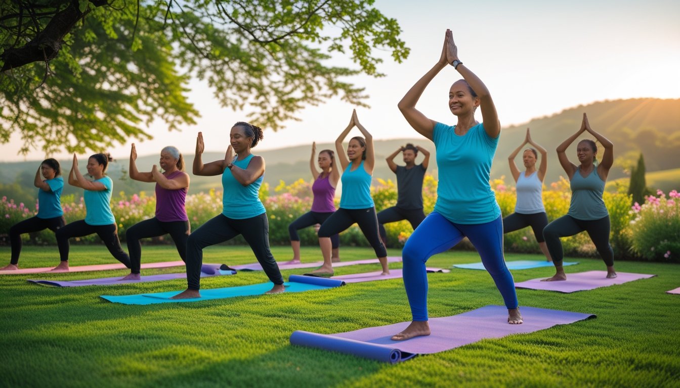 People practicing yoga poses on mats in a peaceful garden surrounded by trees and flowers under a clear sky.