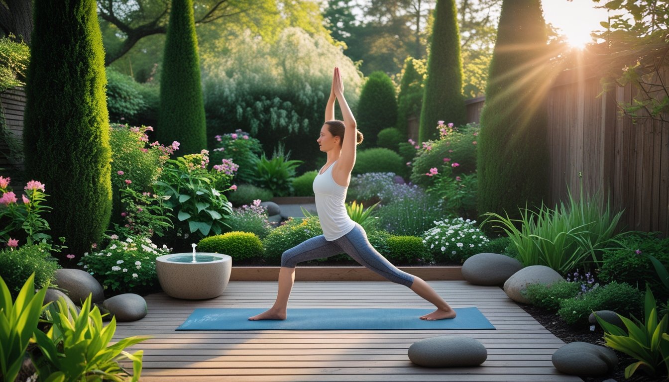 A person doing yoga on a wooden deck in a peaceful garden surrounded by plants and trees.