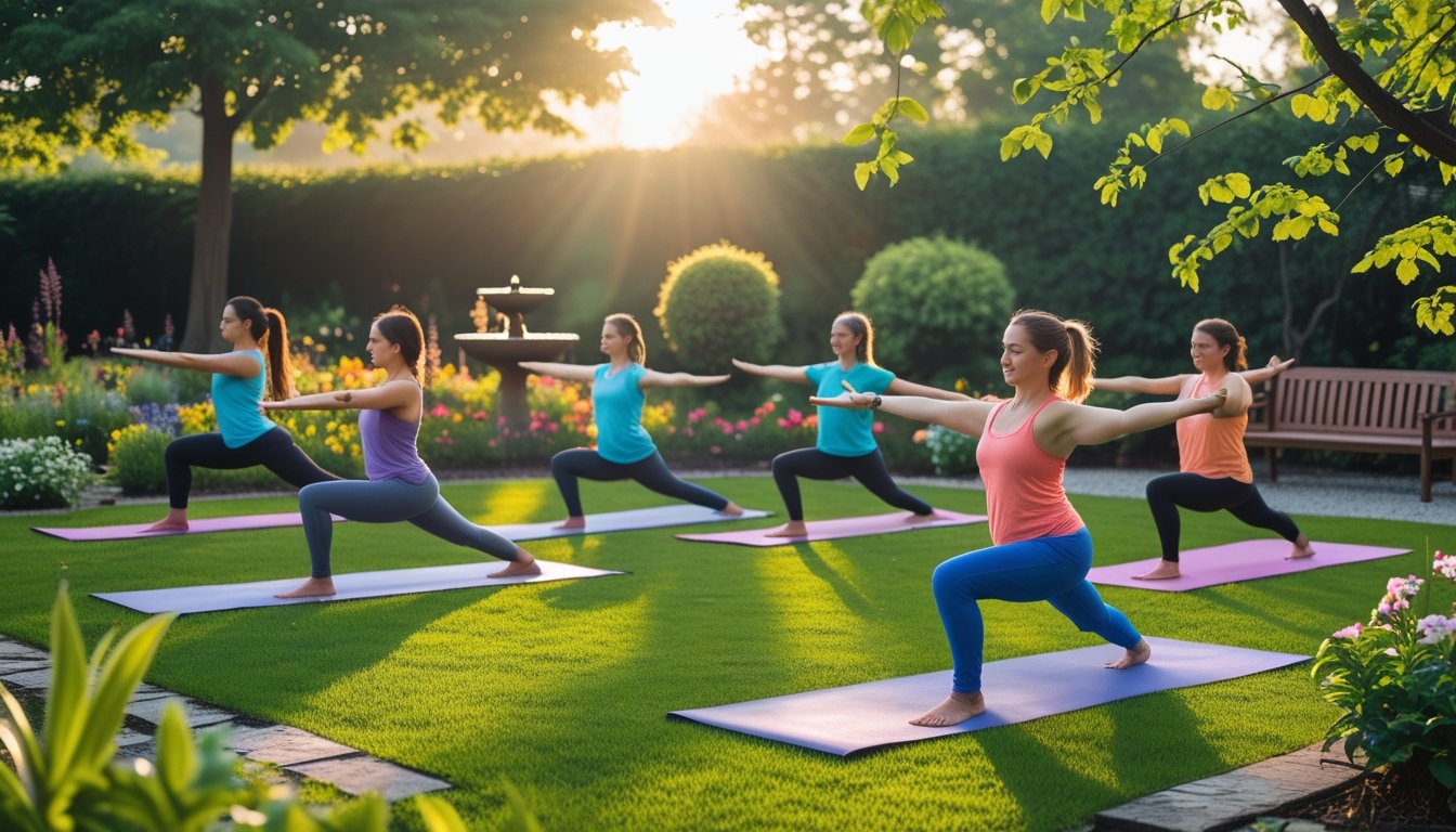 People practising yoga poses on mats in a peaceful garden surrounded by flowers and greenery.
