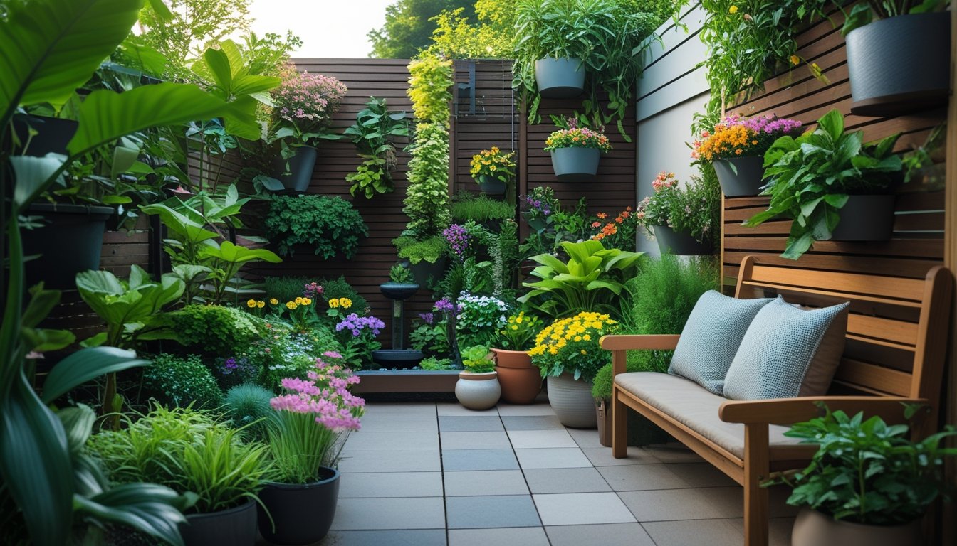 A small garden space with green plants, colourful flowers, a wooden bench with cushions, and a small water feature, creating a peaceful outdoor setting.