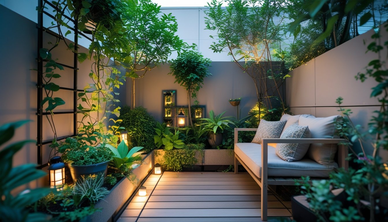 A small garden space with lush plants, a wooden bench with cushions, stone pathways, and decorative lights creating a relaxing outdoor area.
