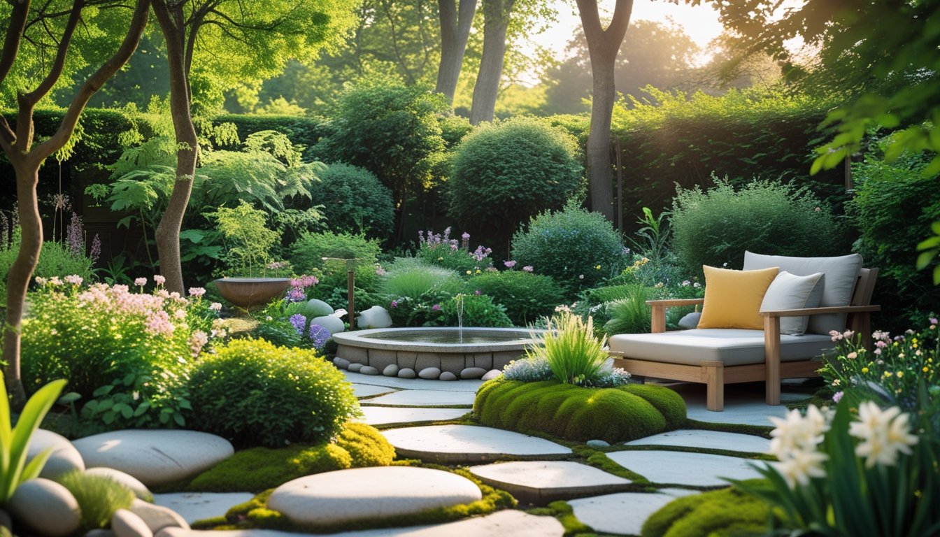 A peaceful outdoor garden with wooden seating, flowering plants, a small water fountain, and a stone pathway surrounded by trees.