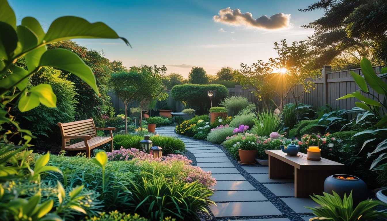 A peaceful outdoor garden with green plants, colourful flowers, a wooden bench, and a stone pathway under a clear sky.