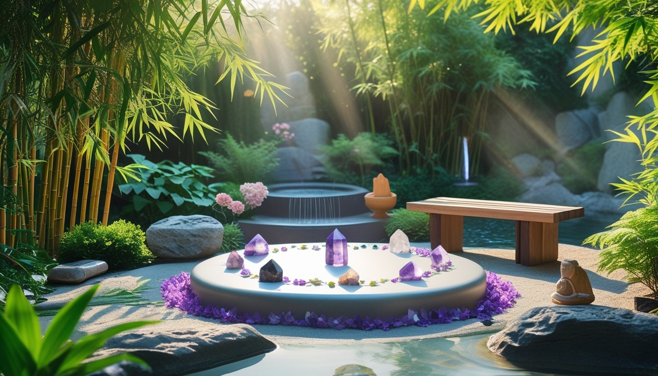 A peaceful garden with greenery, a stone meditation area surrounded by crystals, a small water feature, and natural seating.