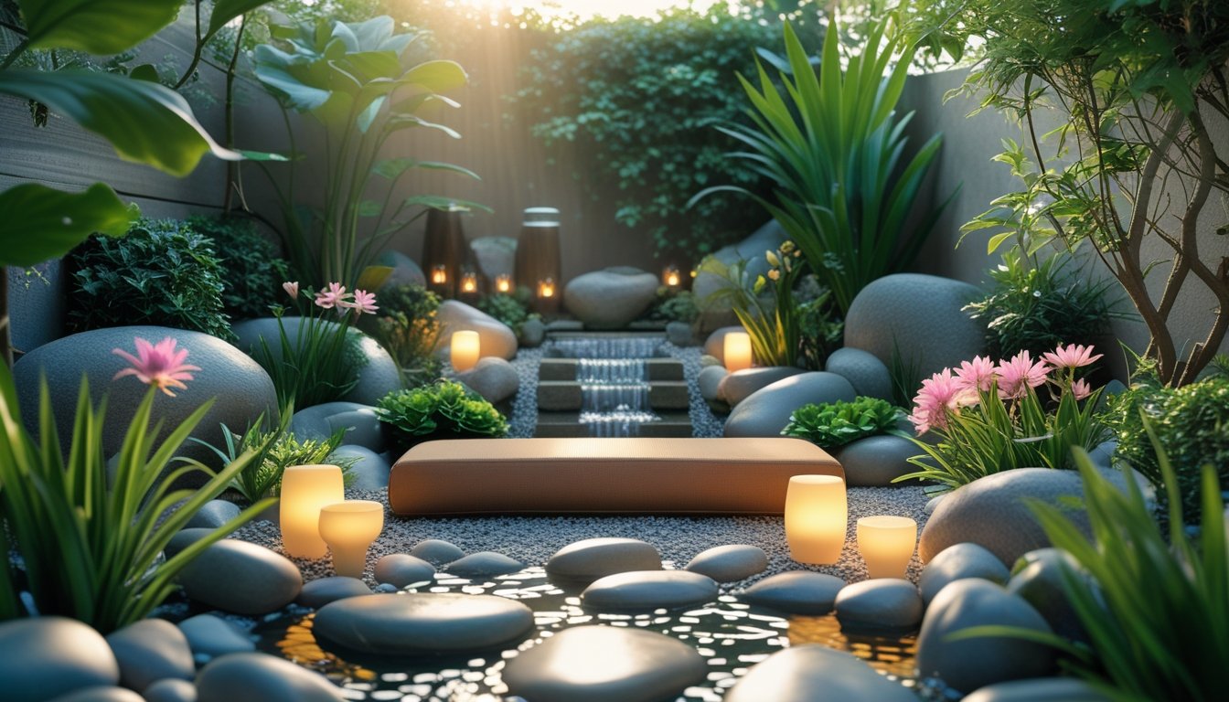 A peaceful garden meditation space with green plants, flowers, natural stones, a wooden bench, and soft sunlight filtering through trees.