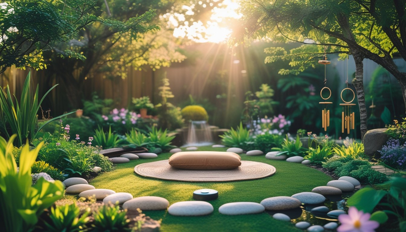 A peaceful garden meditation space with a wooden bench, lush plants, stones arranged in circles, and soft sunlight filtering through trees.
