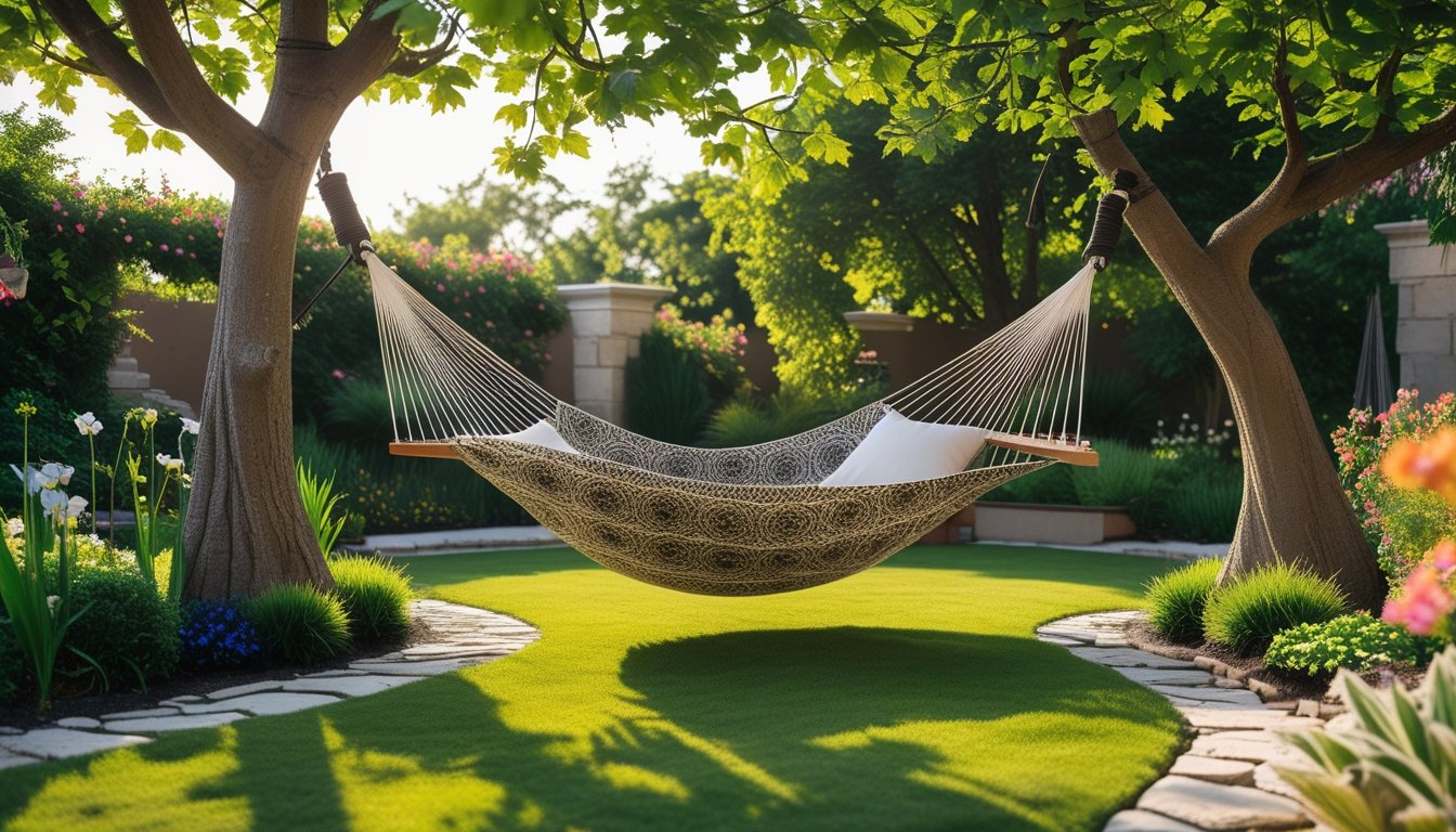 A unique garden hammock hanging between two trees in a colourful garden with flowers and greenery.