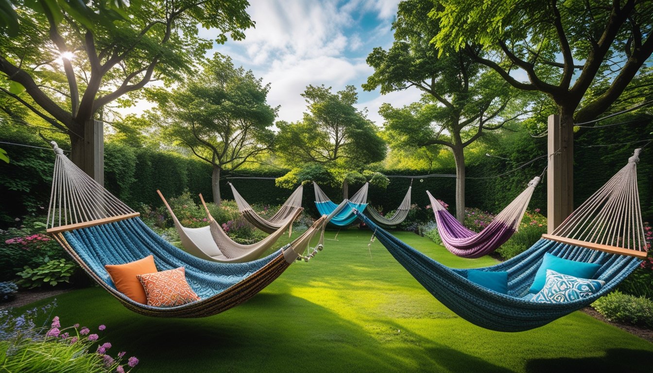 A garden with several different types of hammocks hanging between trees and posts surrounded by flowers and grass under a blue sky.