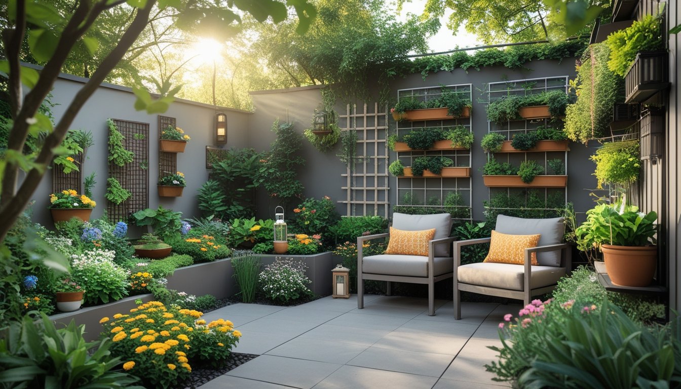 A small garden corner with plants, flowers, outdoor seating, and decorative elements creating a peaceful and relaxing space.