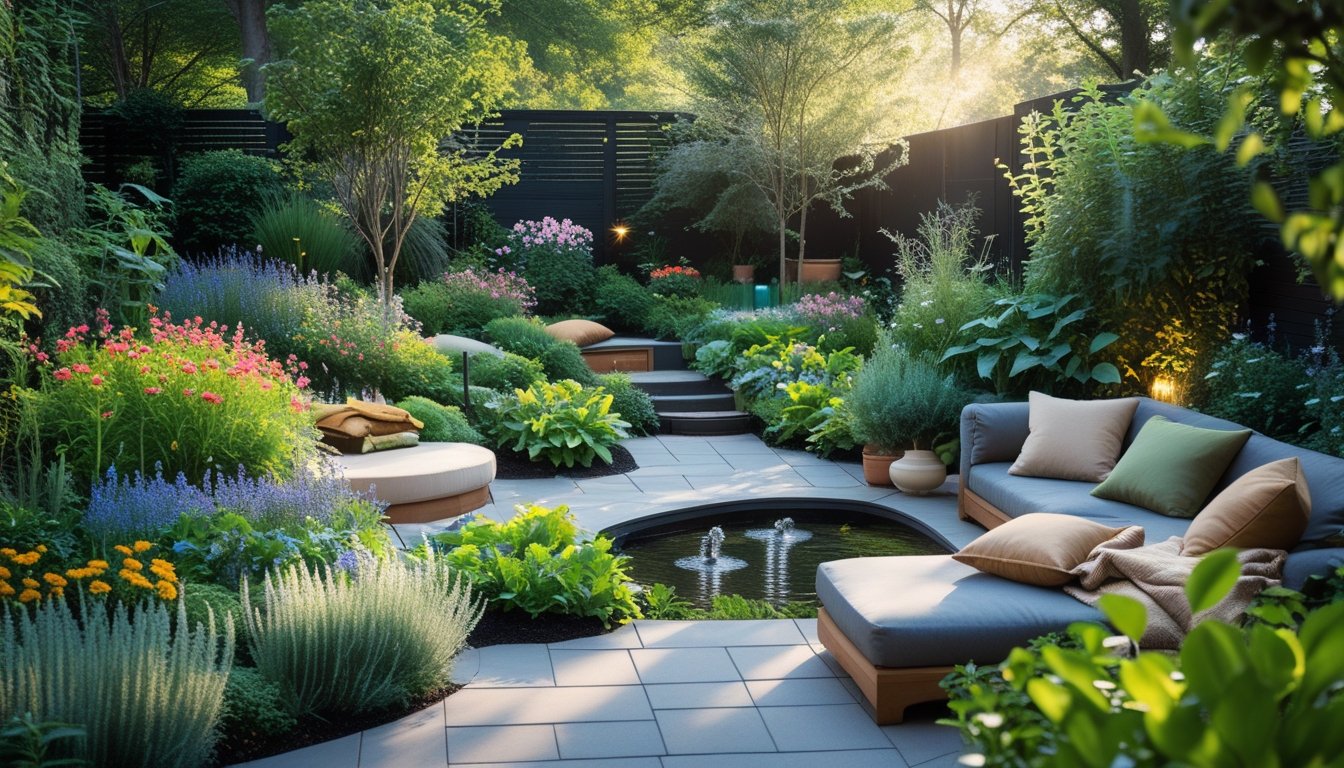 A peaceful garden with colourful flowers, green plants, comfortable seating, and a small water feature creating a relaxing outdoor space.