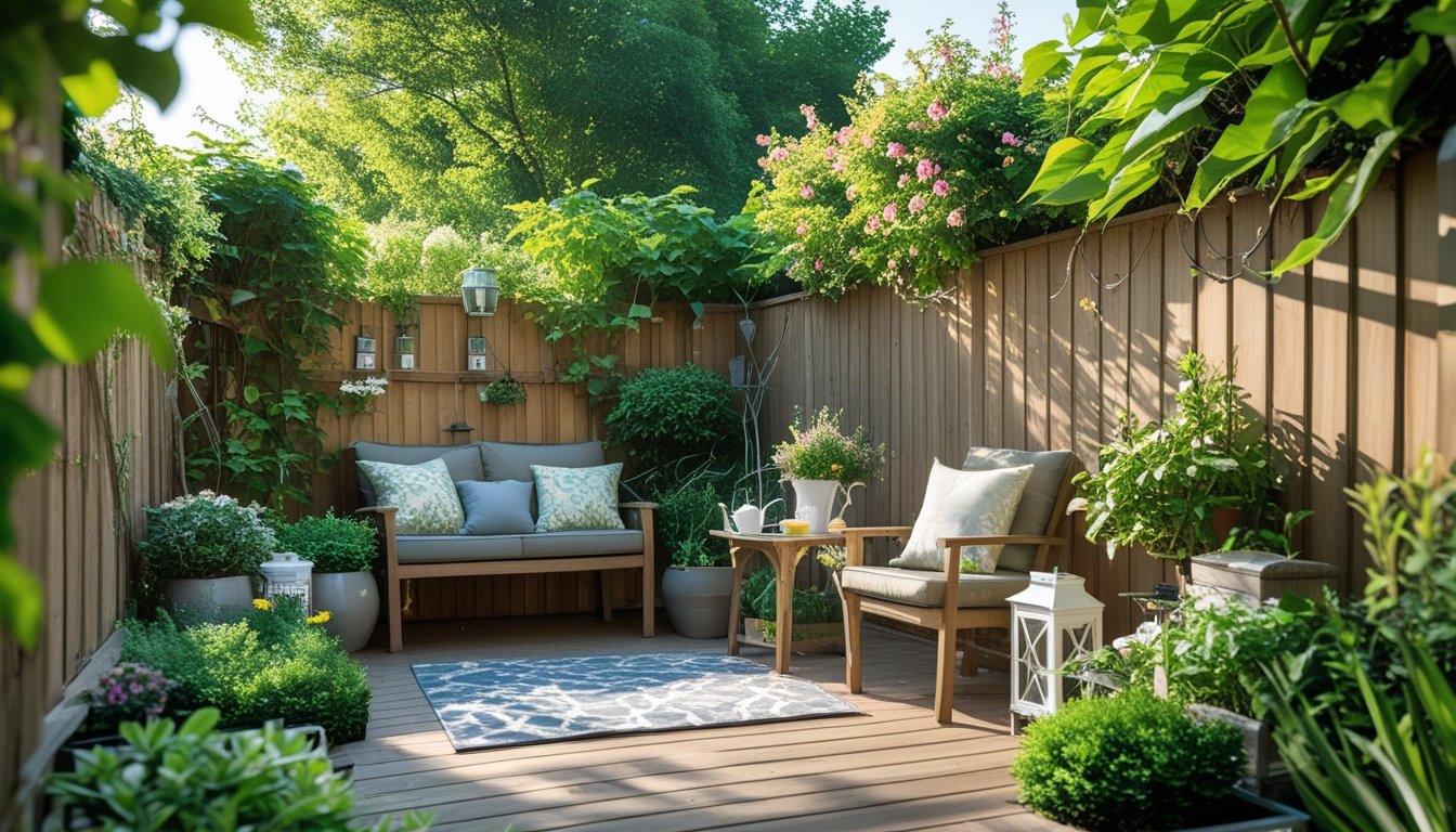A small garden with green plants, a wooden bench with cushions, a table with a teapot, and a water feature, all arranged to create a relaxing outdoor space.
