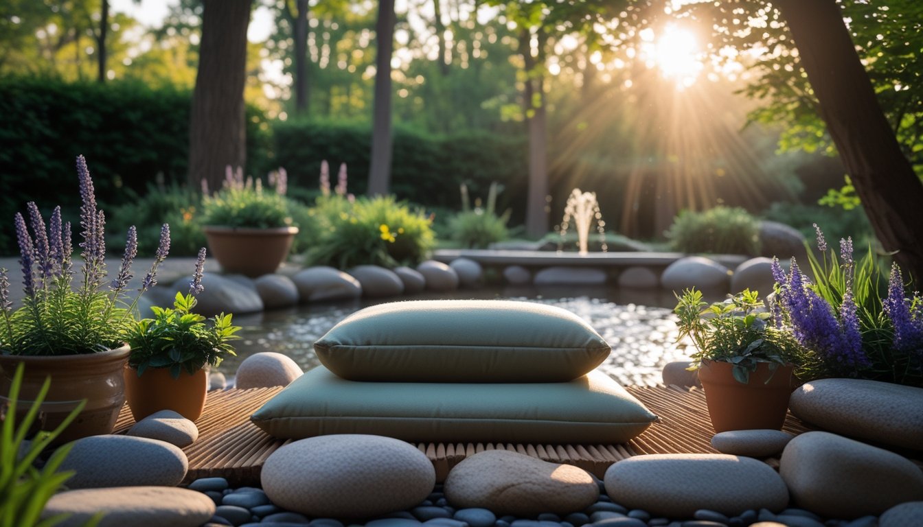 An outdoor meditation space with a cushion on a wooden platform surrounded by plants, trees, and a small water fountain in a garden.