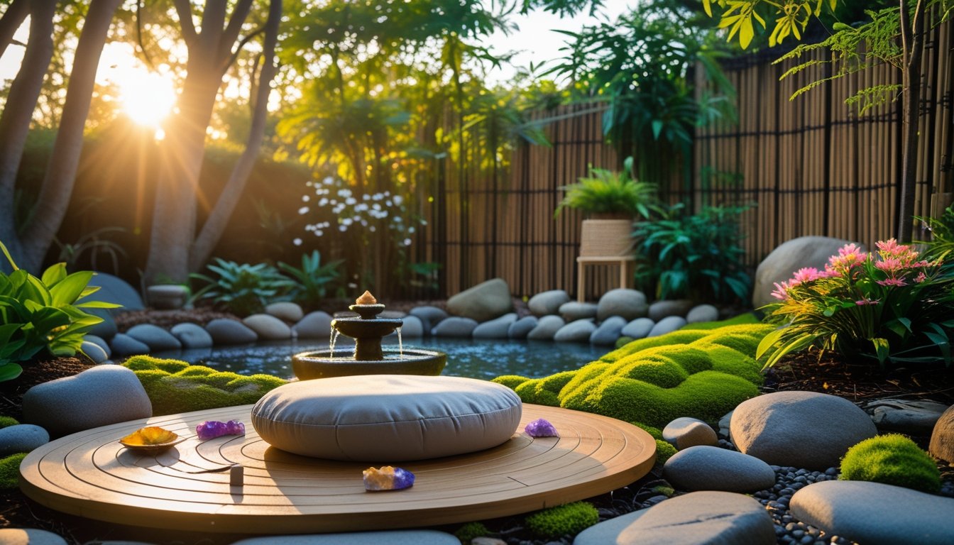 A peaceful outdoor meditation area with a cushion on a wooden platform surrounded by plants, trees, and a small water fountain.