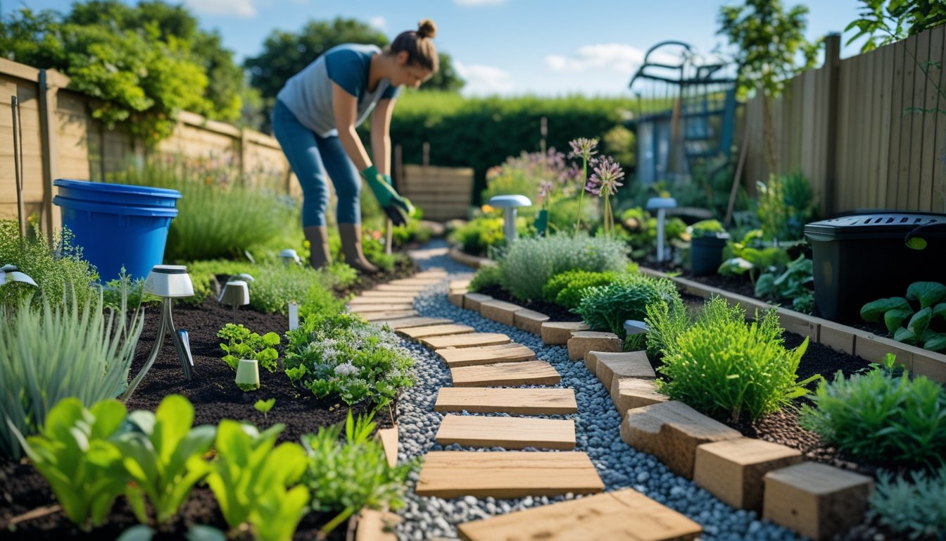 A small garden pathway winding through green plants and flowers with a person arranging plants nearby.