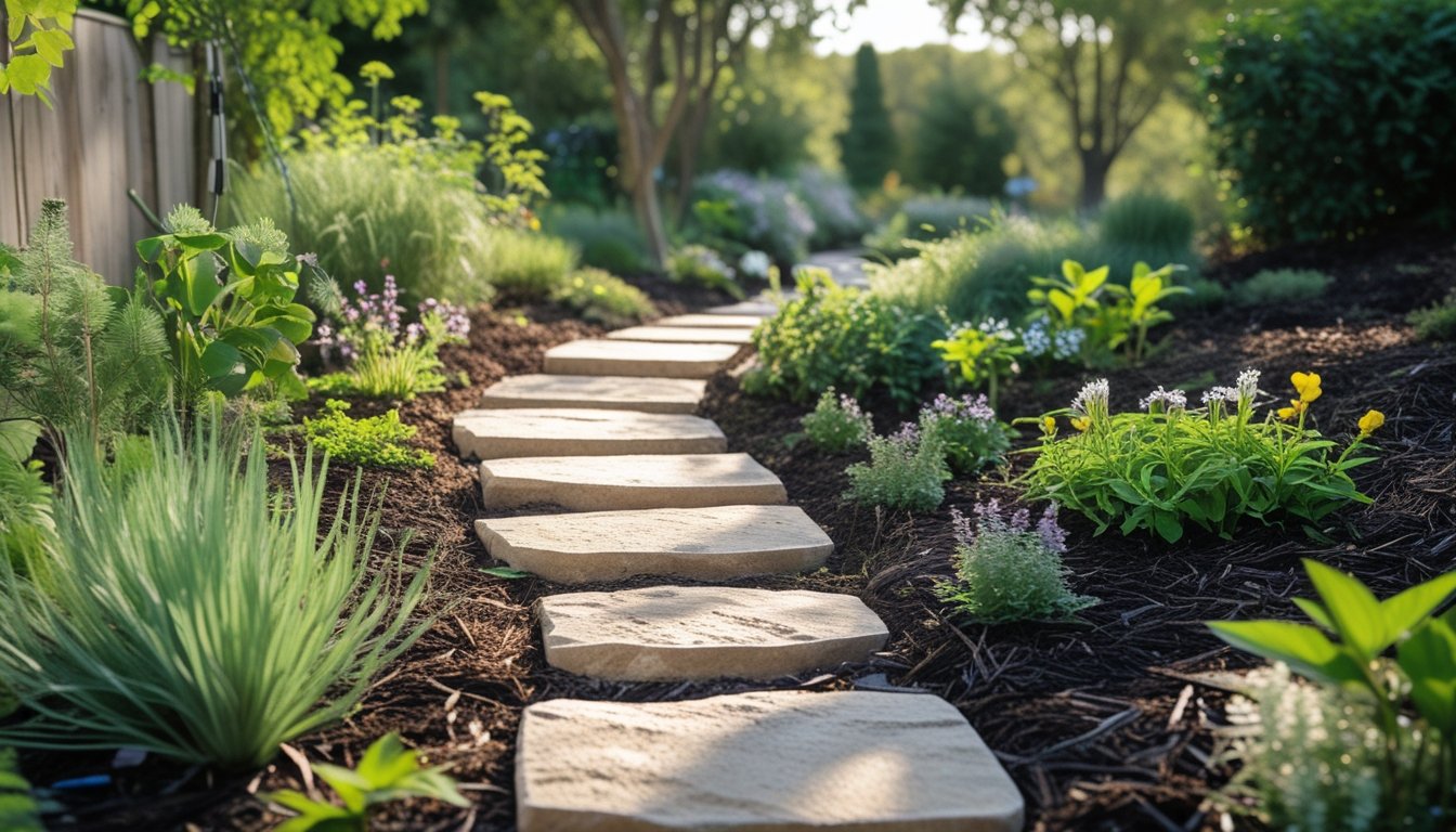 A small garden pathway made of natural stone slabs surrounded by native plants and wildflowers under soft sunlight.
