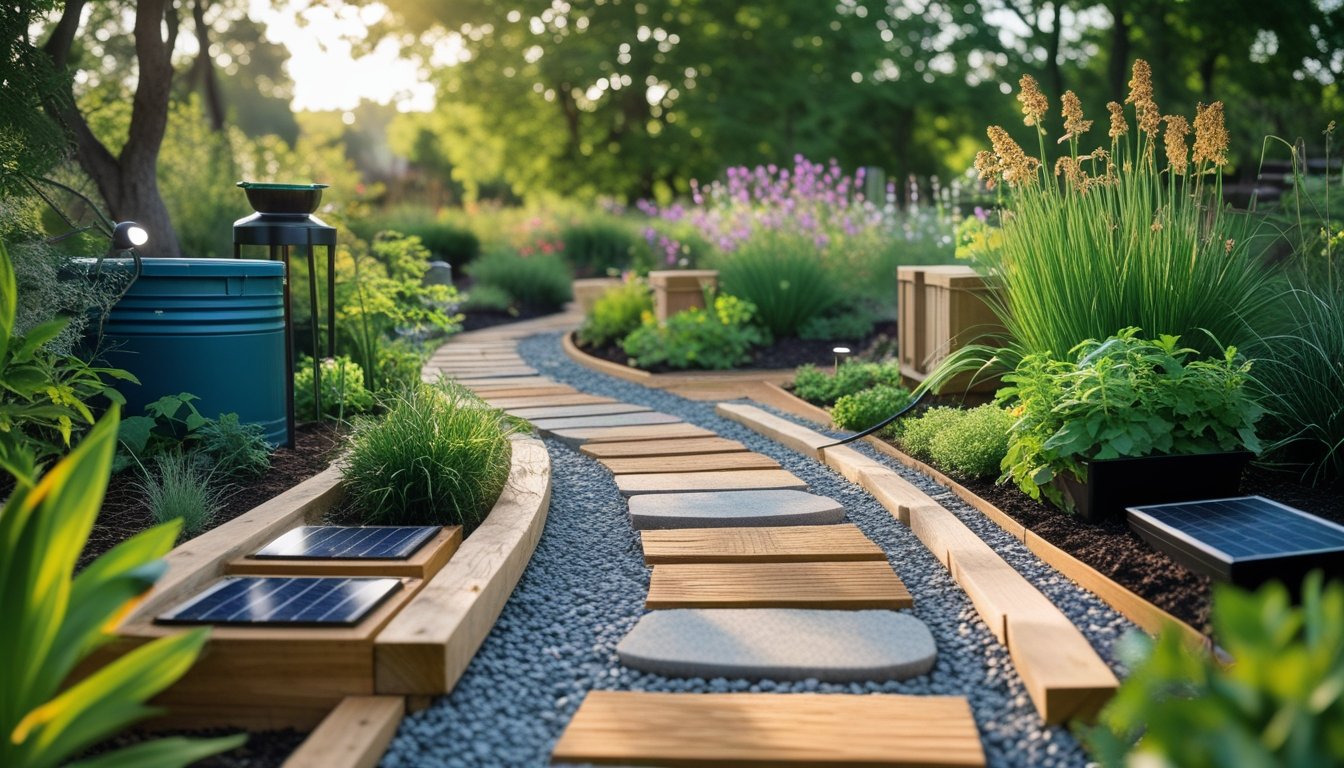 A small garden pathway made of natural materials surrounded by plants and eco-friendly garden features.