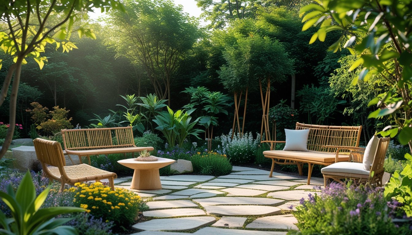 A peaceful garden area with wooden and stone benches surrounded by green plants and colourful flowers under soft sunlight.