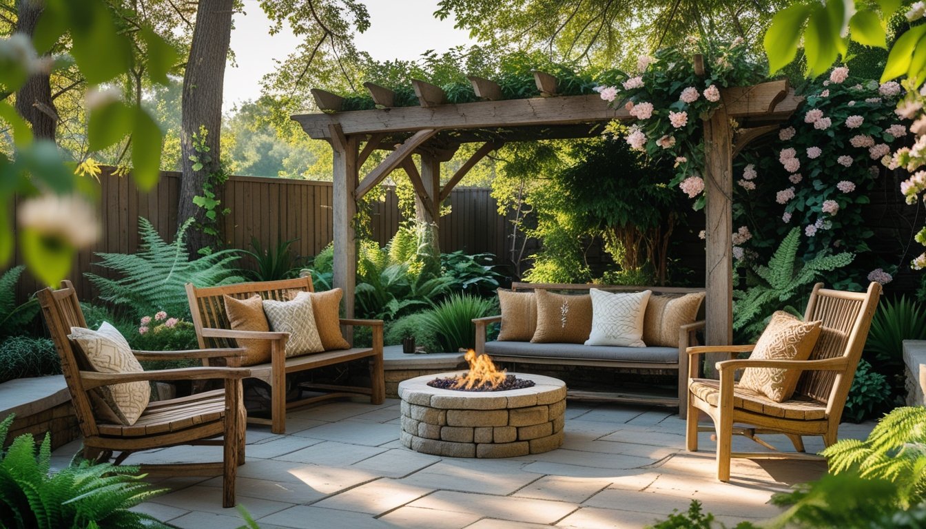 An outdoor garden seating area with wooden benches and chairs surrounded by plants and trees, featuring a stone fire pit and a wooden pergola with climbing vines.