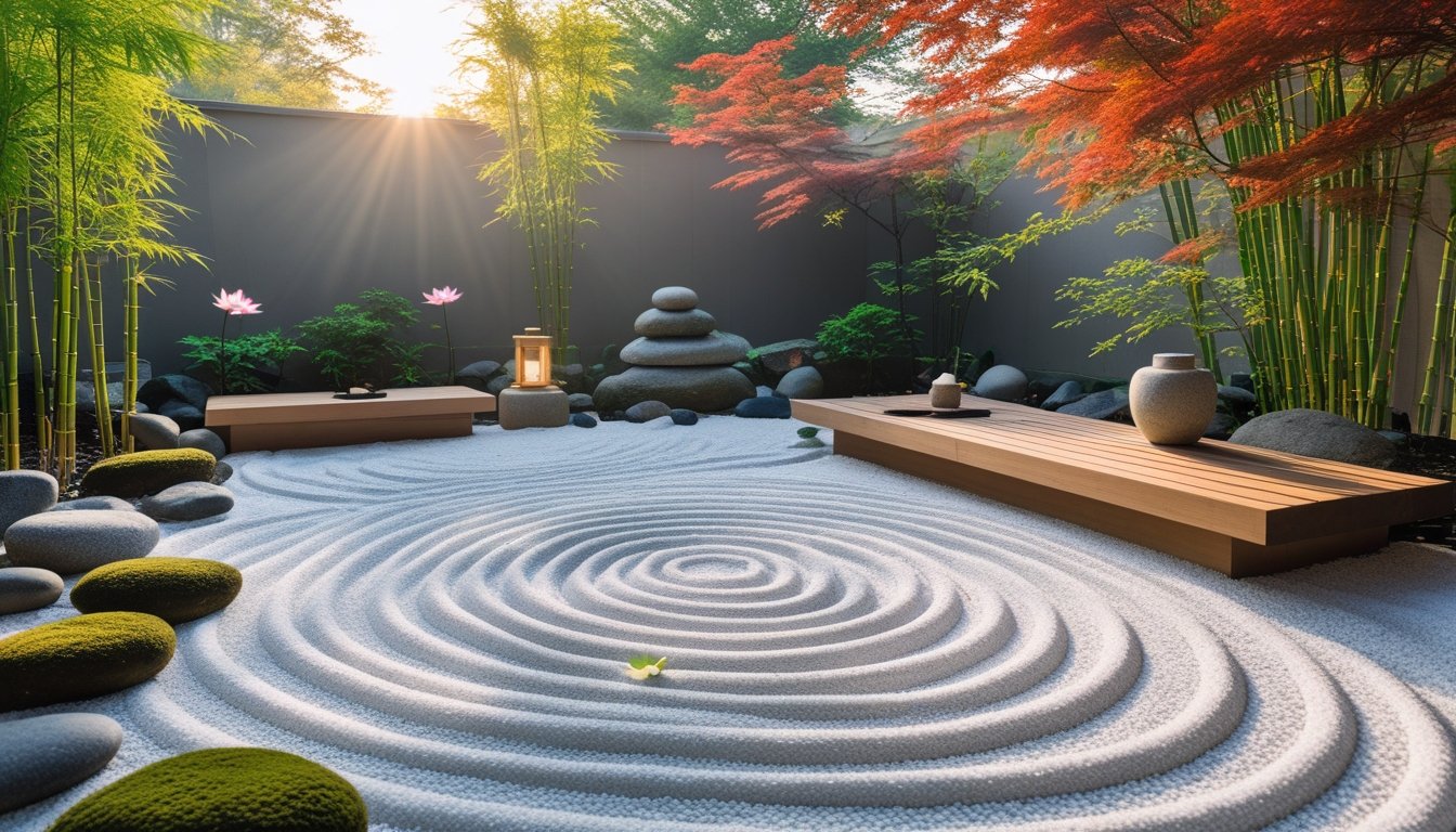 An outdoor Zen meditation garden with raked gravel, natural stones, bamboo plants, a wooden platform, and a stone lantern under soft sunlight.