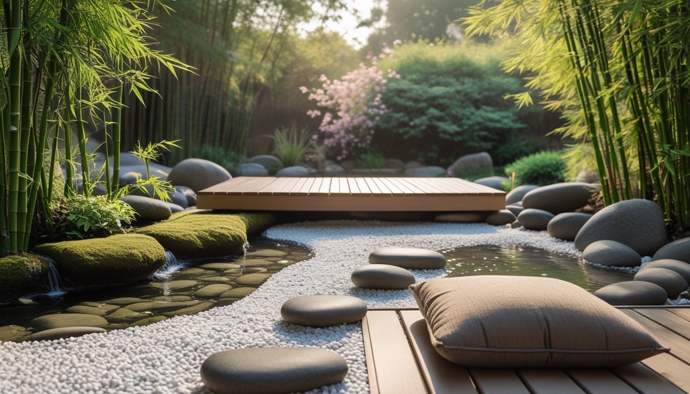An outdoor Zen meditation spot with a wooden platform, river stones, bamboo plants, a small water feature, and a meditation cushion surrounded by greenery.