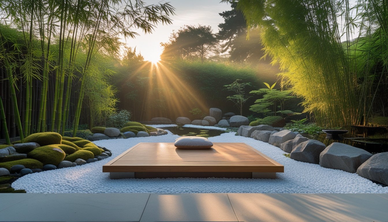 A peaceful outdoor meditation area with a wooden platform, stone pathway, bamboo plants, and a small pond surrounded by greenery.