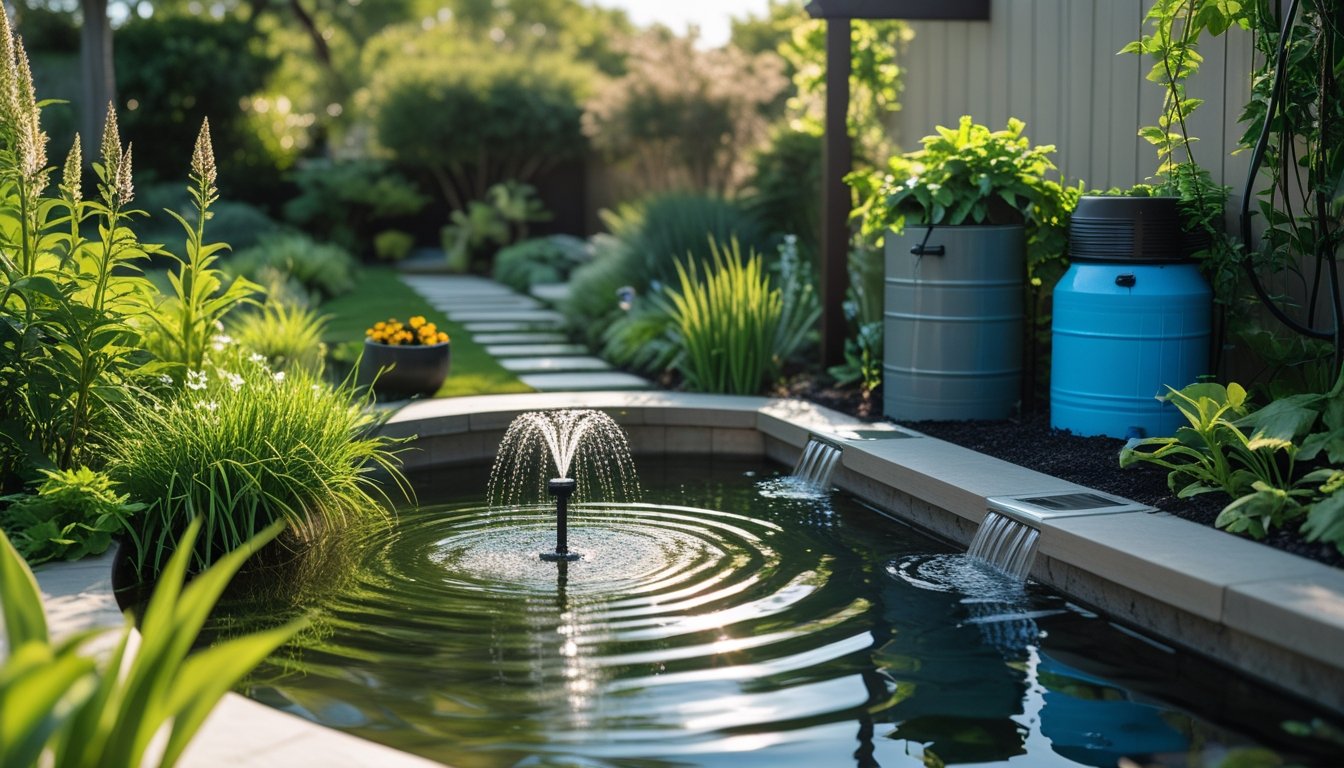 A garden with a natural pond, green plants, a small solar-powered fountain, and a rainwater collection system surrounded by flowers.
