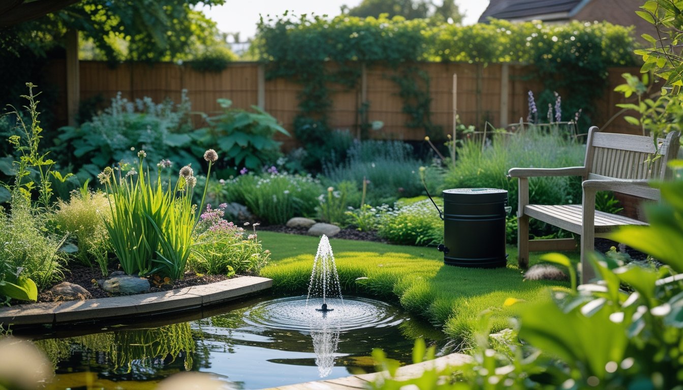 A UK garden with a natural pond, solar-powered fountain, rainwater barrel, native plants, and a wooden bench.