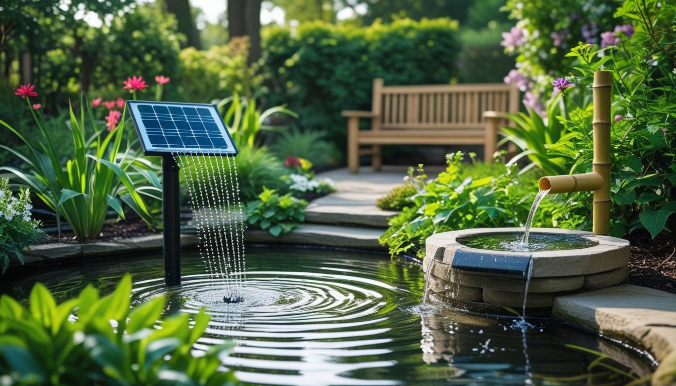 A peaceful garden with a small pond, solar-powered fountain, bamboo water spout, green plants, flowers, and a wooden bench.