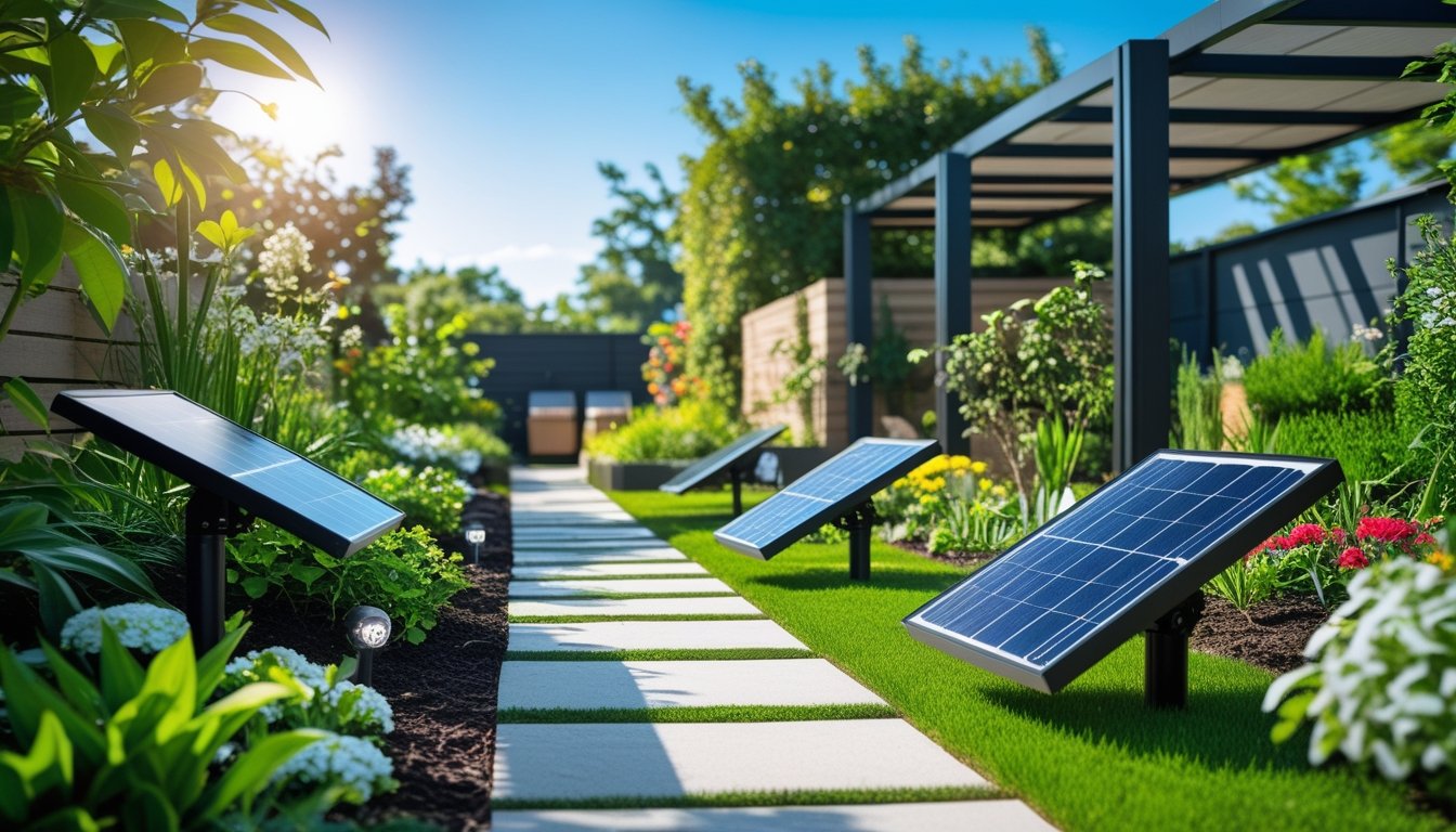 A garden with green plants and flowers featuring solar panels and solar-powered garden lights integrated into the design under a clear sunny sky.