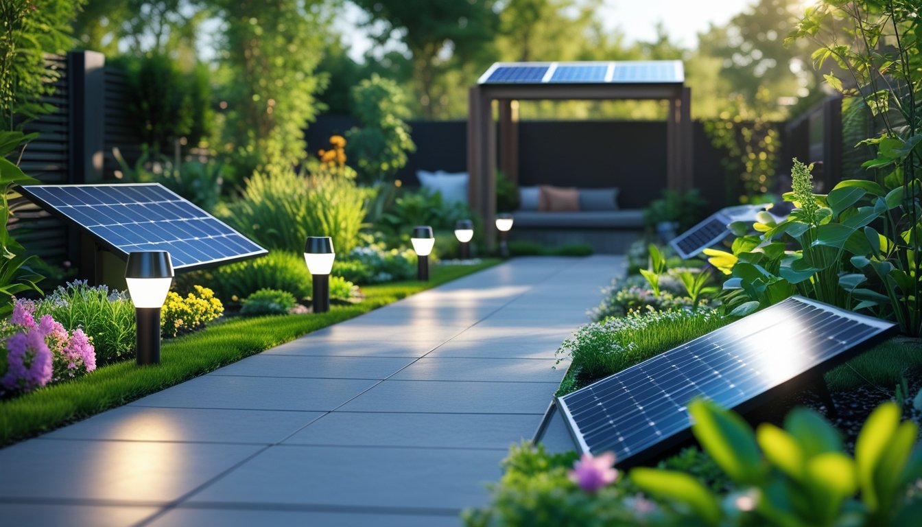 A garden with green plants and flowers featuring solar panels and solar-powered garden lights integrated into the outdoor space.