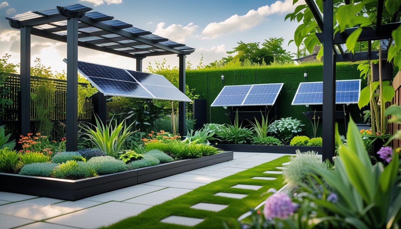 A garden with green plants and flowers featuring solar panels integrated into garden structures under a sunny sky.
